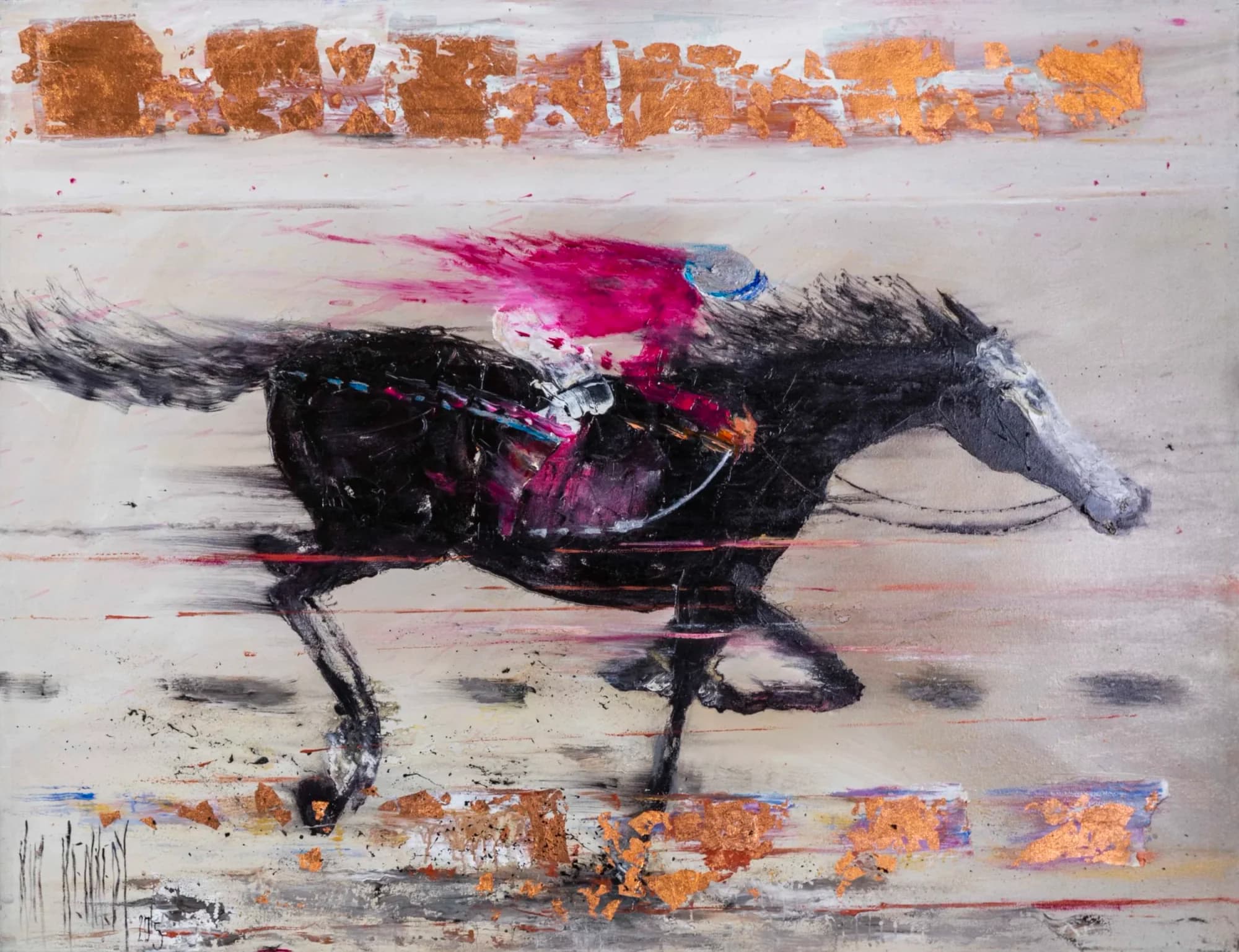 Pink Flash: black racehorse mid-stride, pink flash and copper leaf on grey ground. Original painting by Kim Kennedy.