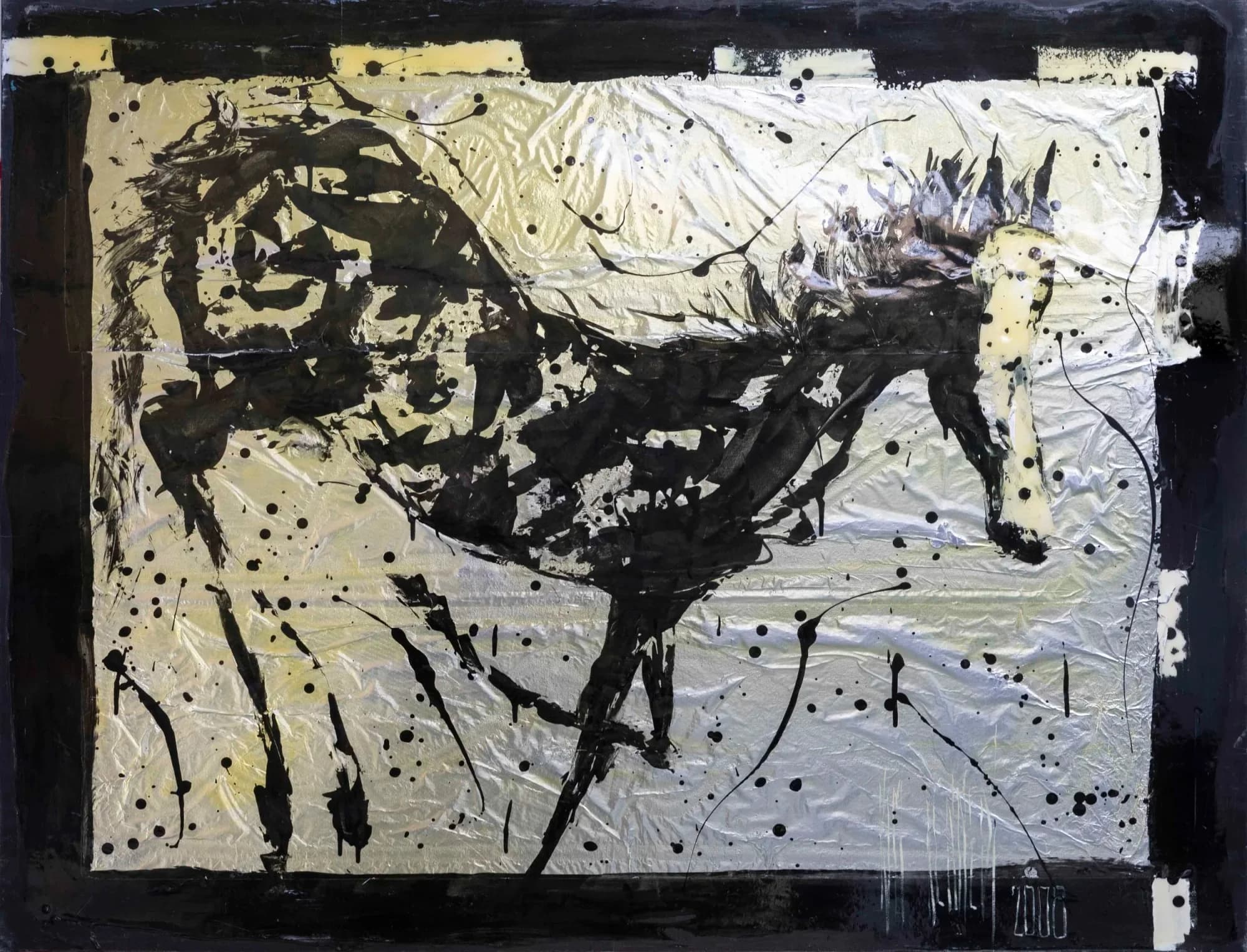 Racehorse Study No. 1: black ink gestural horse on crumpled gold foil with black border. Original painting by Kim Kennedy.