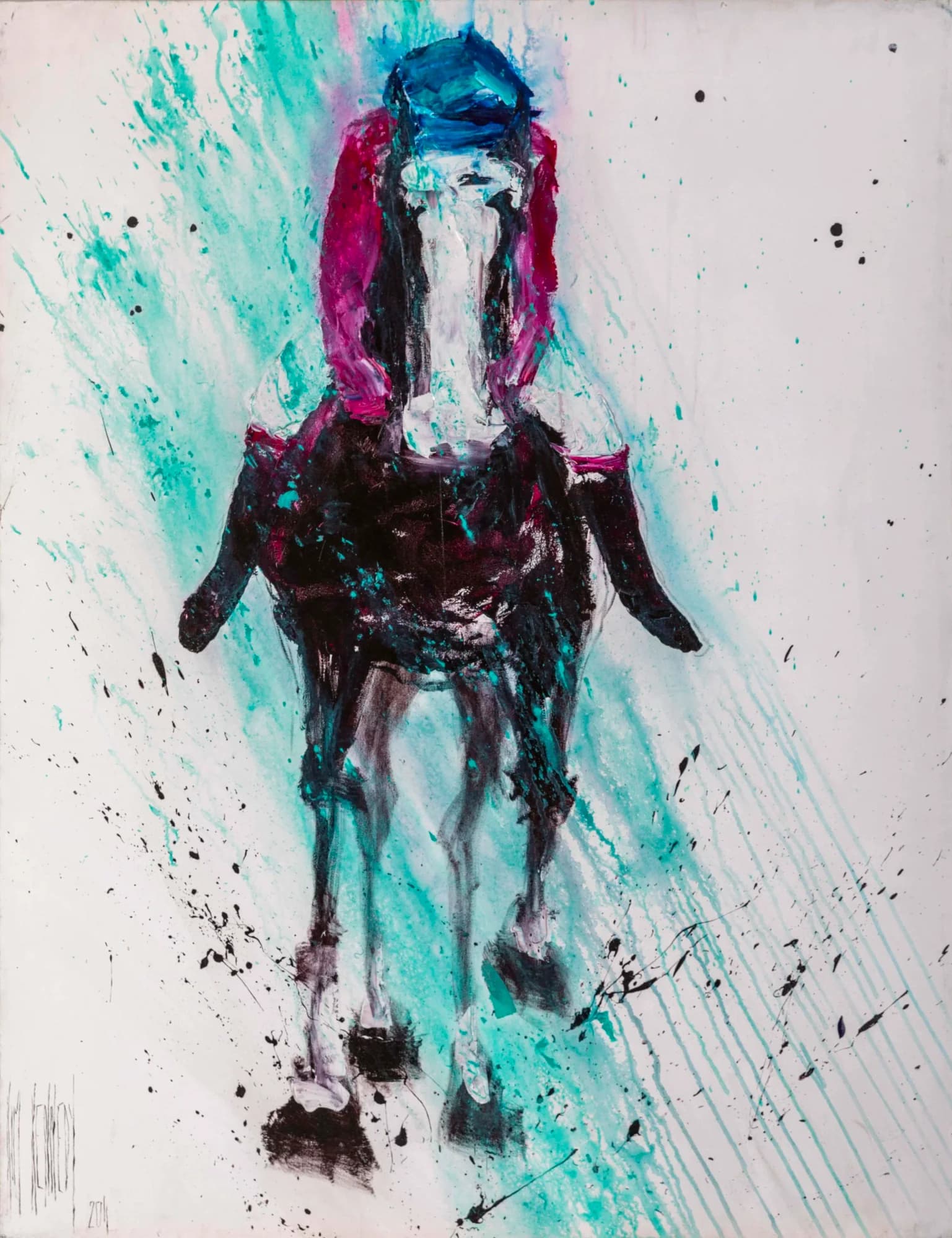 Racehorse Study No. 2: frontal charging horse and jockey, magenta and turquoise splatter on white. Original painting by Kim Kennedy.