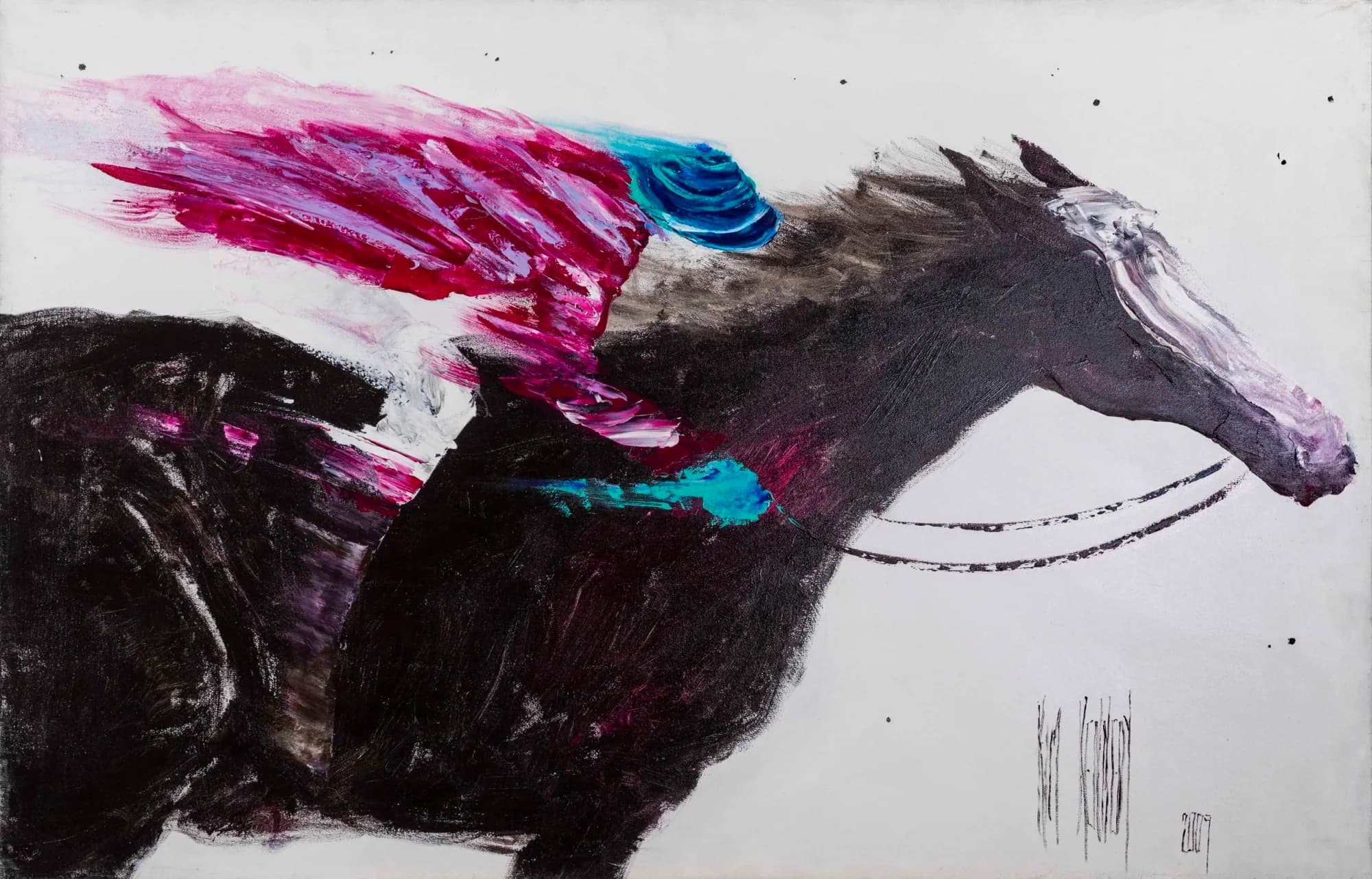 Racehorse Study No. 3: black galloping horse in profile, magenta jockey streak, blue cap, white ground. Original painting by Kim Kennedy.