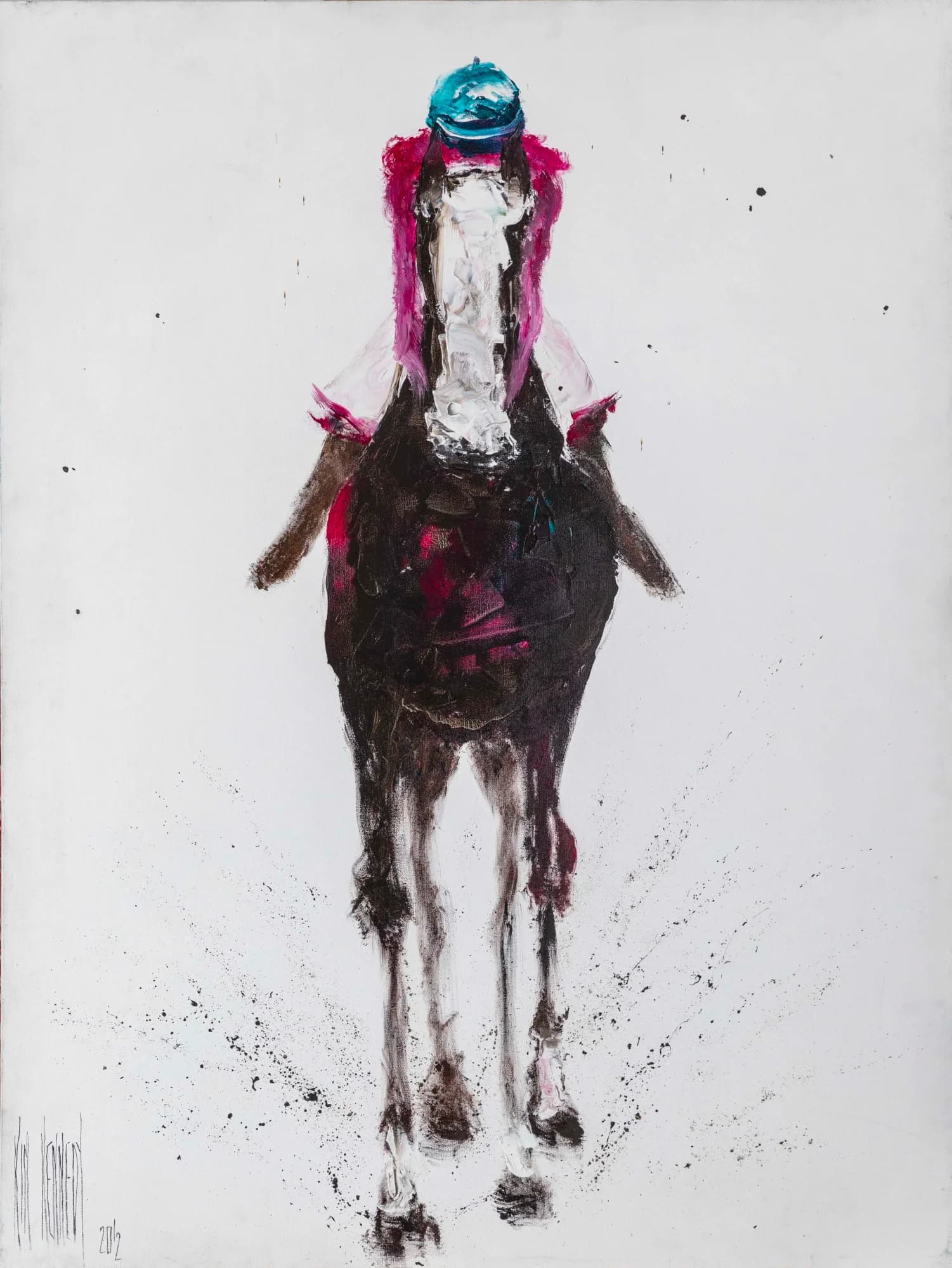 Thunder Finish: head-on racehorse and jockey, magenta silks, turquoise cap, pale grey ground. Original painting by Kim Kennedy.