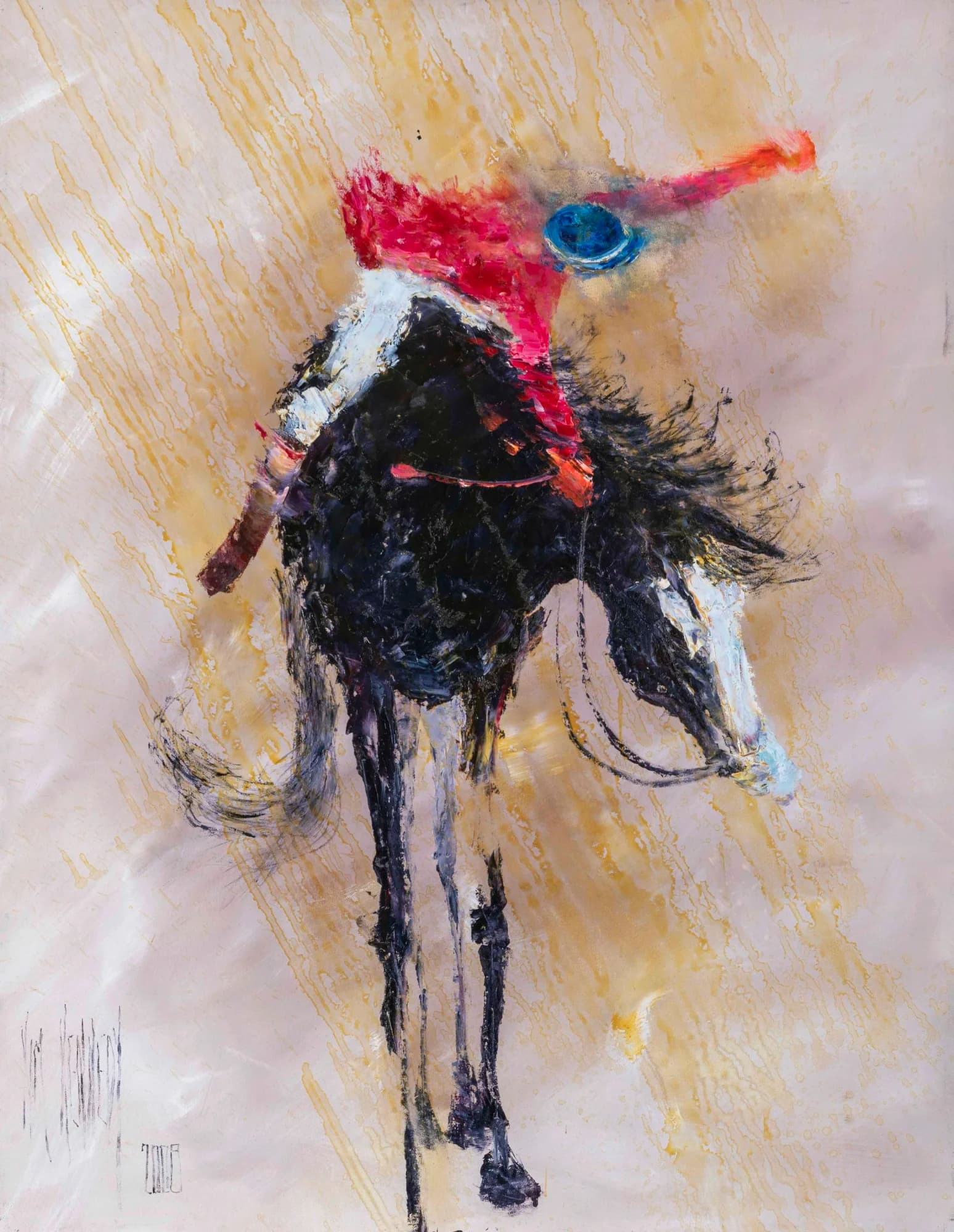 Win Win: bucking black horse rear view, rider in red, blue helmet, ochre-streaked wash. Original painting by Kim Kennedy.