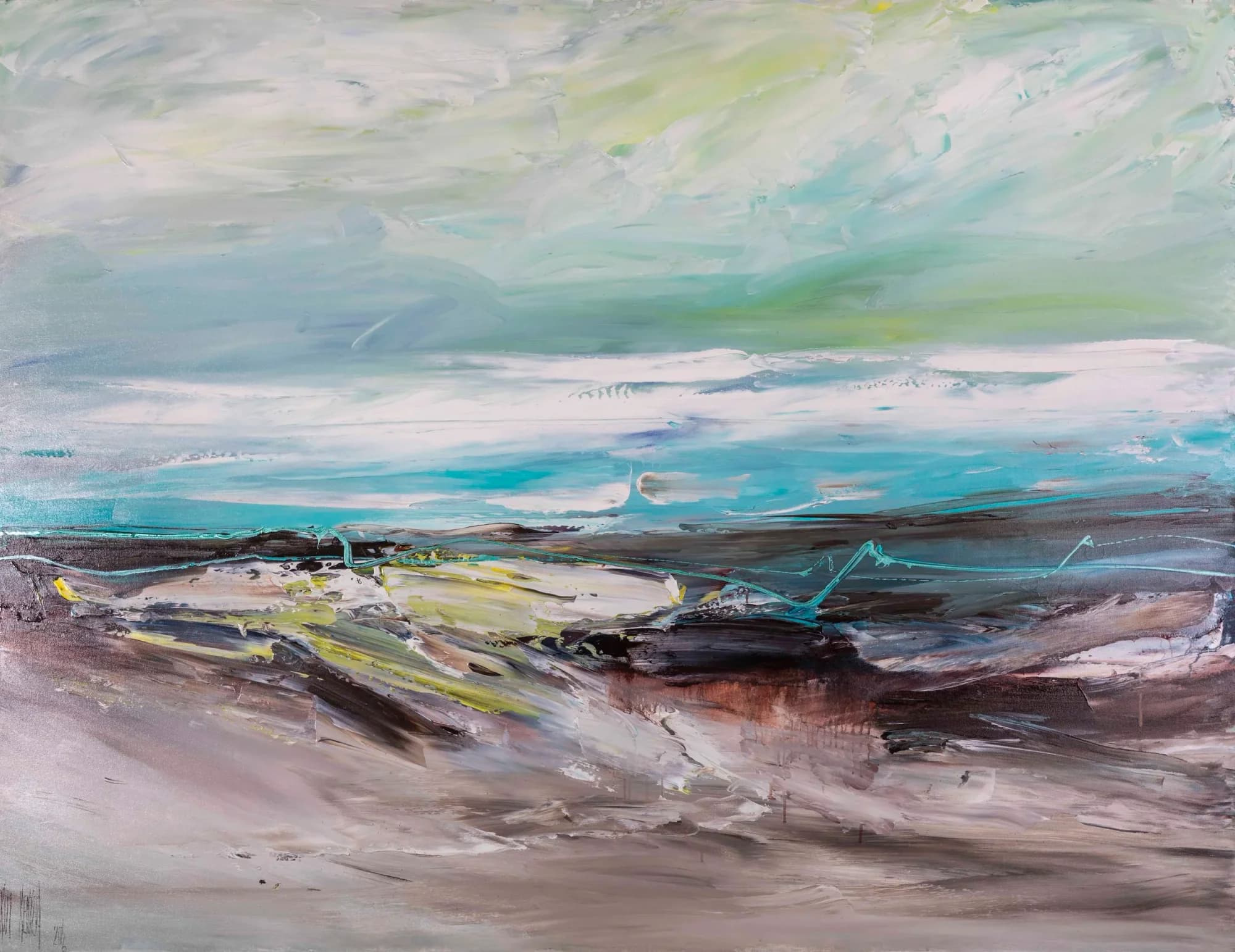 Horizon Line: abstract coastal horizon, turquoise sky over dark earthy shoreline with yellow accents. Original painting by Kim Kennedy.