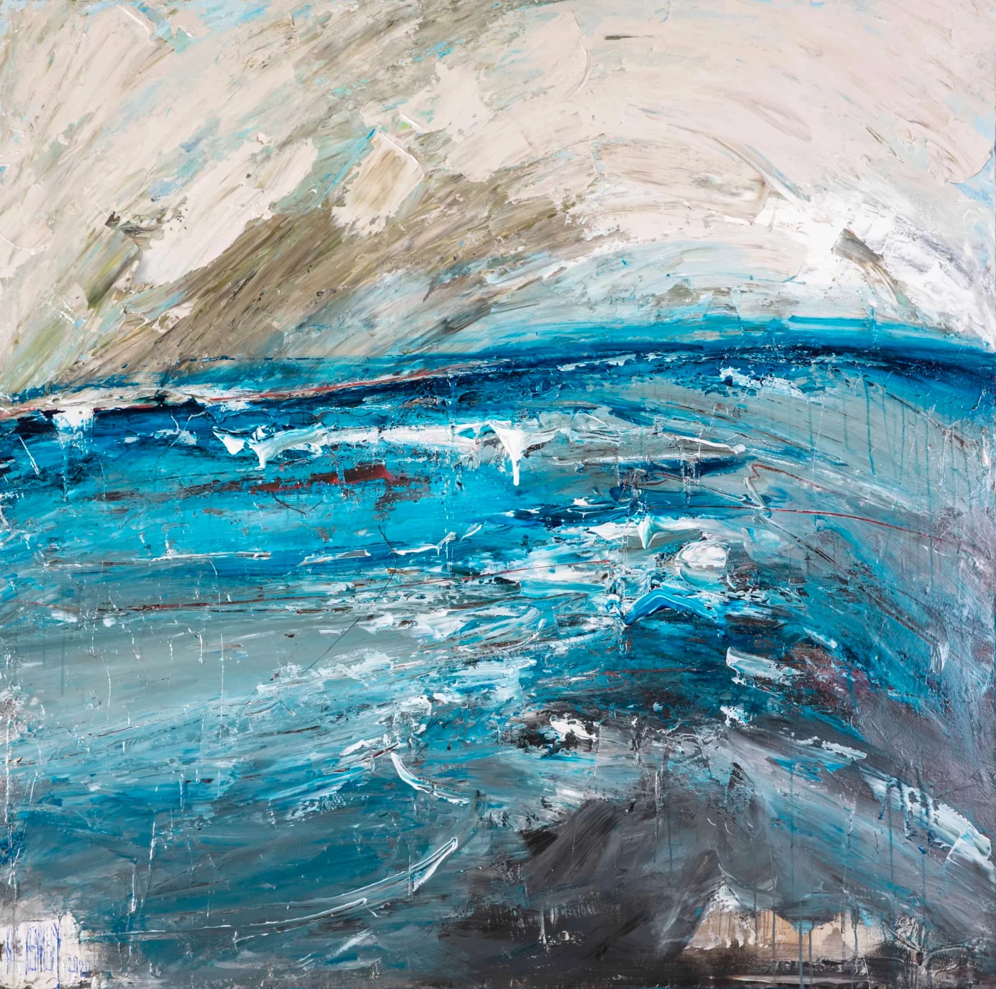 Seascape Study No. 1: thick impasto turquoise ocean waves under pale cream sky, dark rocks. Original painting by Kim Kennedy.
