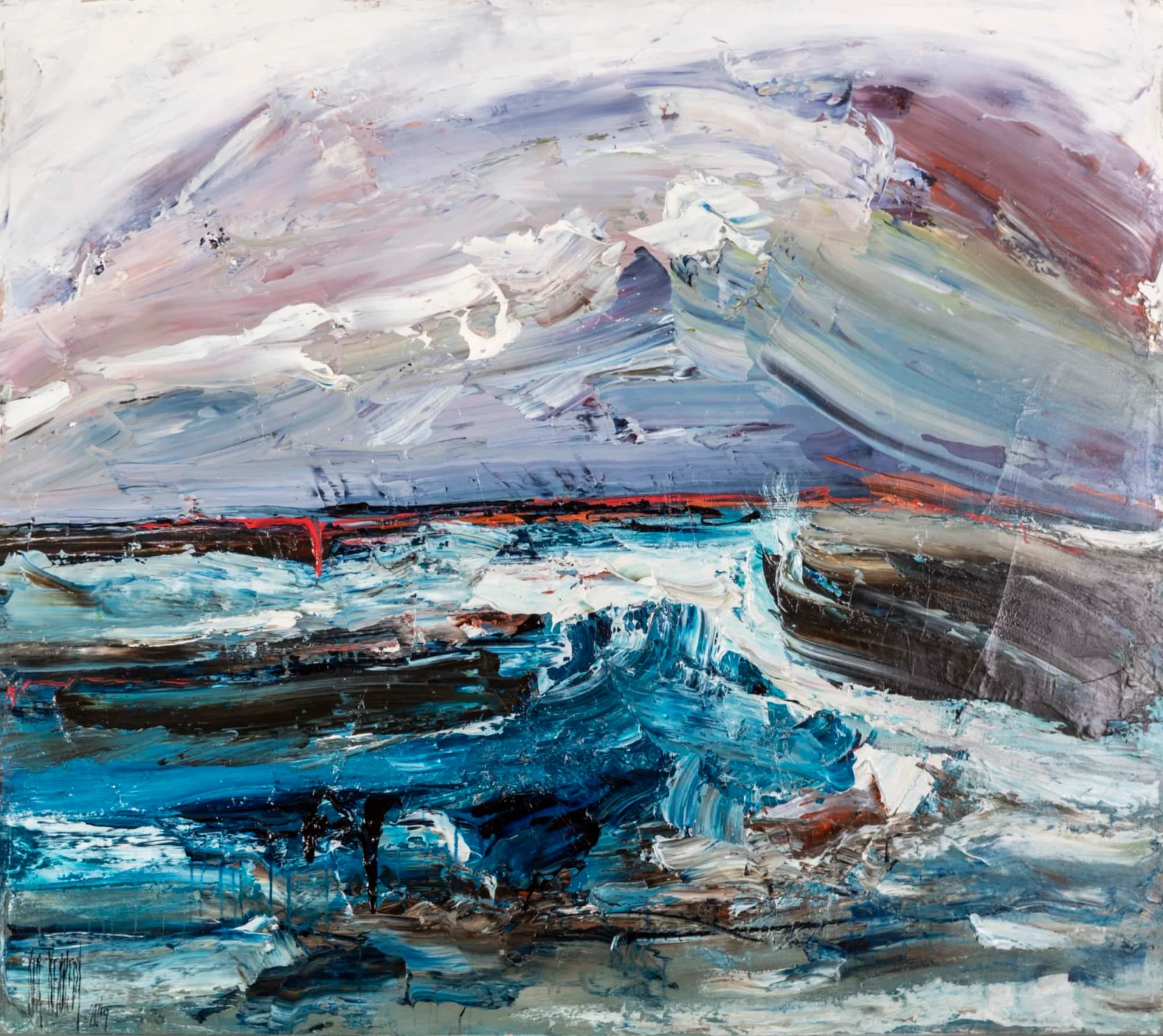 Seascape Study No. 2: stormy impasto sea, blue waves and dark rocks under mauve cloud sky. Original painting by Kim Kennedy.