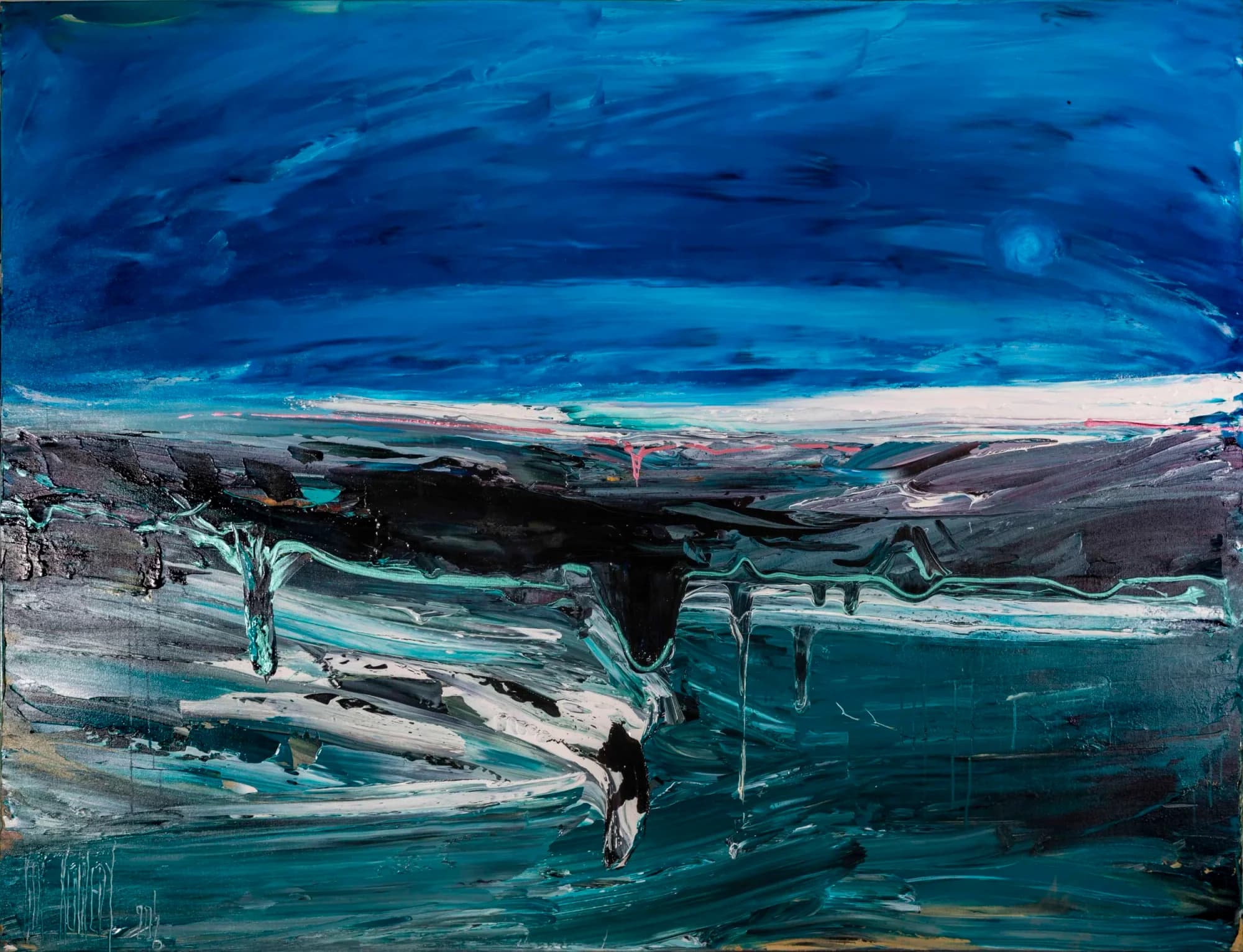 Seascape Study No. 3: deep cobalt night sky over dark teal shoreline with white surf band. Original painting by Kim Kennedy.