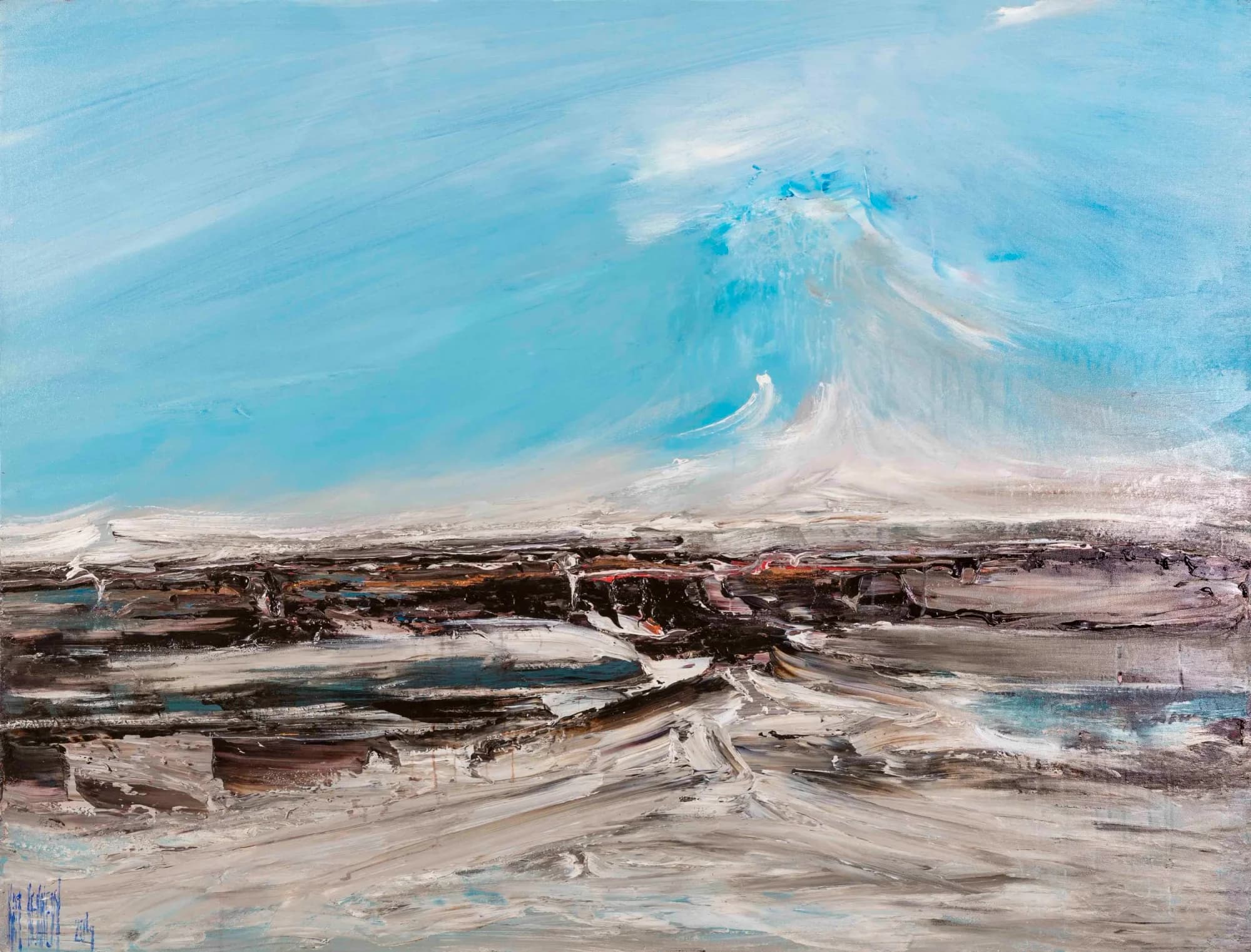 Seascape Study No. 4: bright sky-blue heavens over white-washed low coastal plain, brown scrub. Original painting by Kim Kennedy.