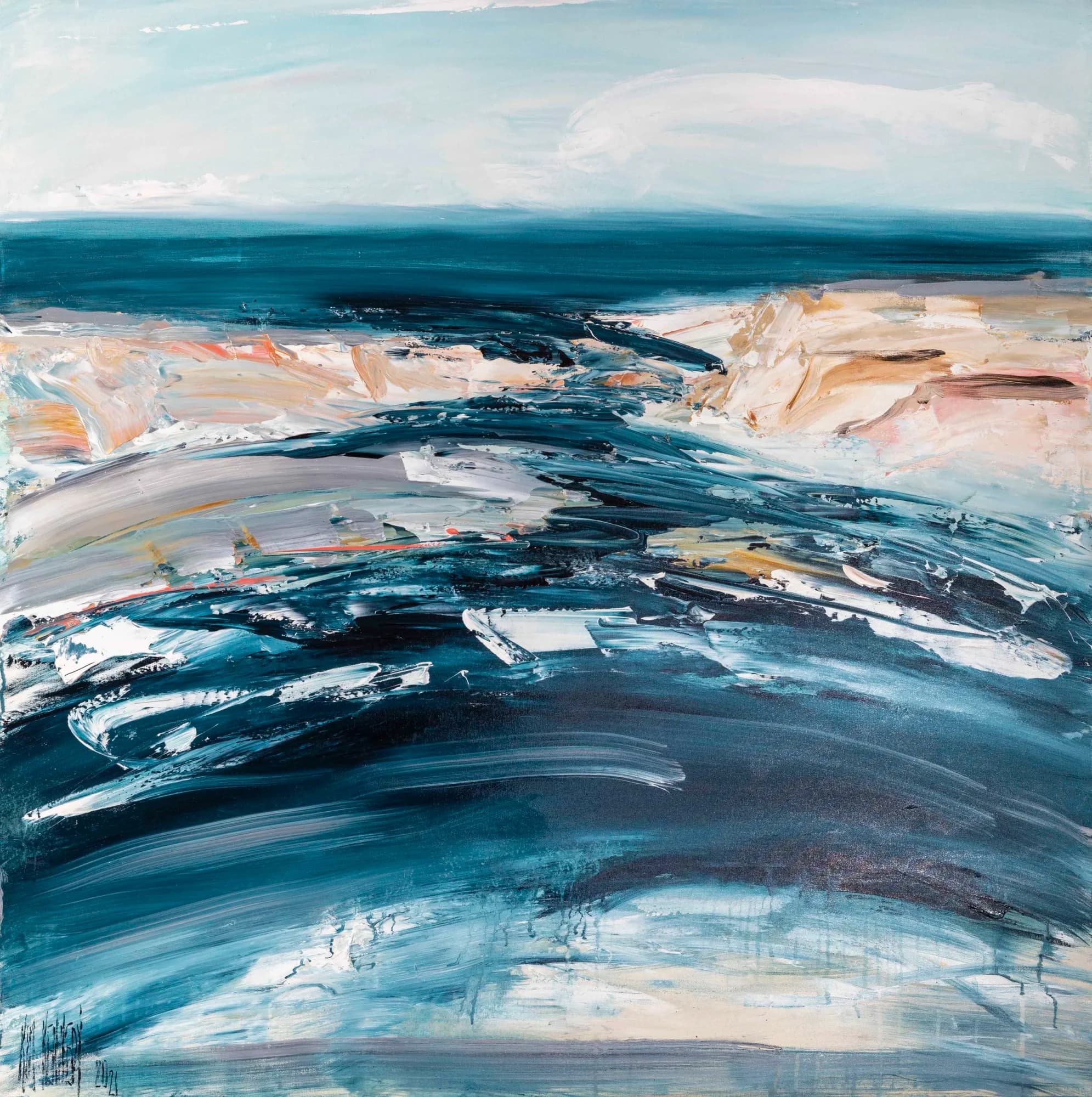 Seascape Study No. 5: sweeping teal tide over sandy shore, white foam strokes, pale horizon. Original painting by Kim Kennedy.