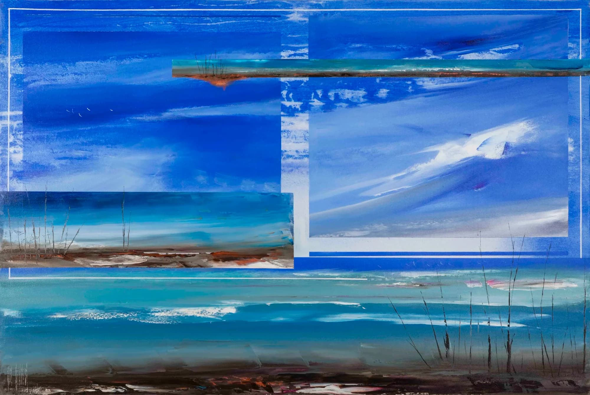 Tall Strangers Near Eildon Victoria: layered blue collage seascape, framed sky panels over turquoise water and reeds. Original painting by Kim Kennedy.