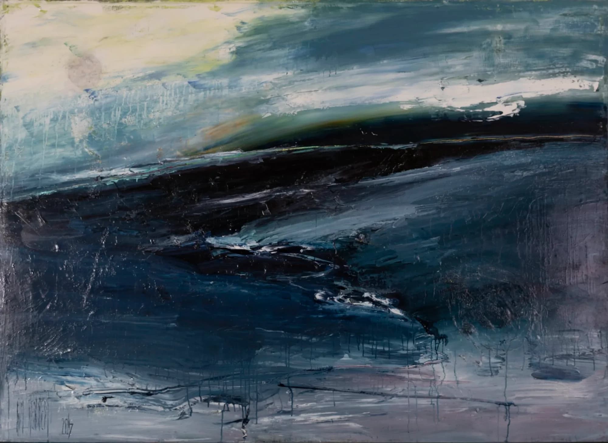Winter Flood: dark brooding floodwater scene, navy and black with pale yellow sky. Original painting by Kim Kennedy.
